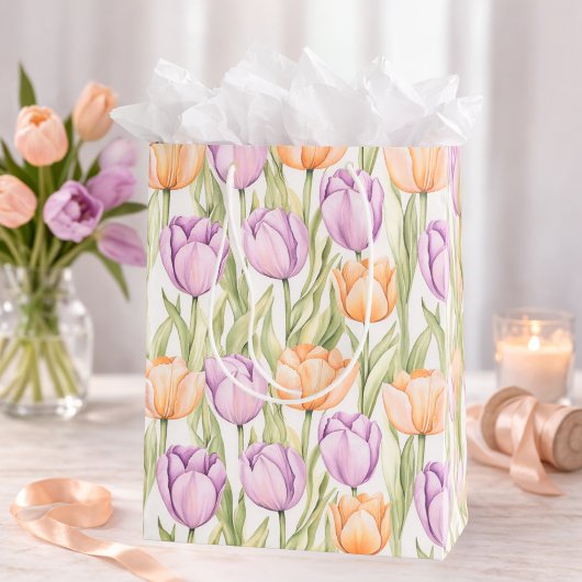 Peach Purple Tulip Pattern Elegant Spring Floral ミディアムペーパーバッグ