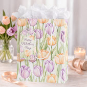 Peach Purple Tulip Pattern Elegant Spring Floral ミディアムペーパーバッグ
