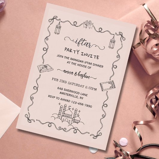 Peach Ramadan Bow doodle ramadan iftar invitation 招待状