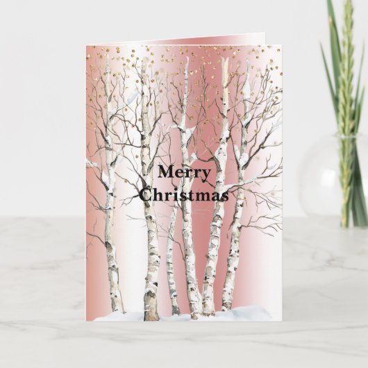 Peach Rose Birch Trees Gold Glitter Christmas カード (正面)