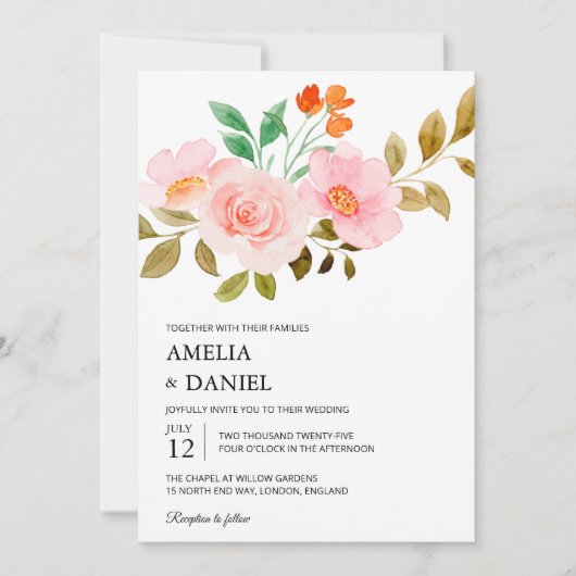 Peach Rose Floral Wedding Invitation 招待状 (正面)