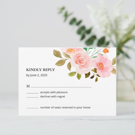 Peach Rose Floral Wedding RSVP Card (スタンド正面)