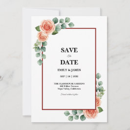Peach Rose Watercolor Eucalyptus Border Save the セーブザデート