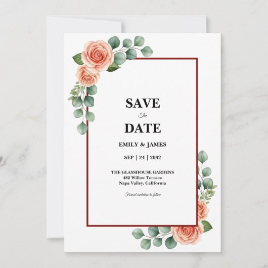 Peach Rose Watercolor Eucalyptus Border Save the  セーブザデート (正面)