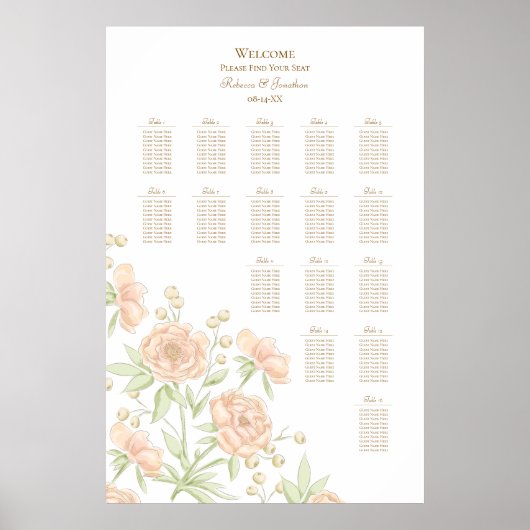 Peach Rose Wedding Seating Chart ポスター (正面)