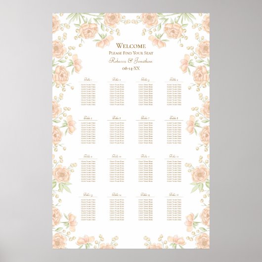 Peach Rose Wedding Seating Chart ポスター (正面)