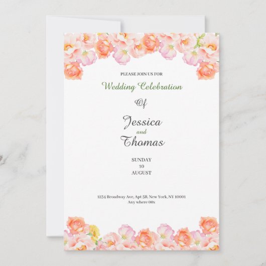 Peach roses botanical classy wedding invitation 招待状 (正面)