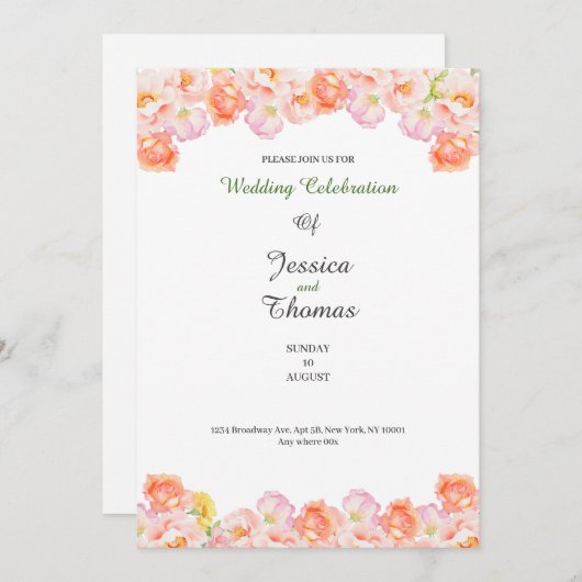 Peach roses botanical classy wedding invitation 招待状 (正面/裏面)