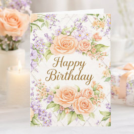 Peach Roses Cottagecore Floral Happy Birthday カード