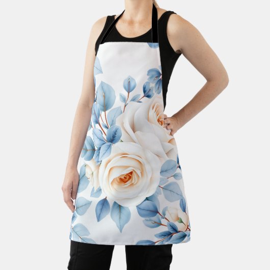 Peach Roses Dusty Blue Eucalyptus Pattern エプロン (インサイチュ)