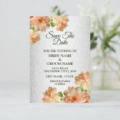 Peach Roses Floral Silver Glitter Elegant Wedding セーブザデート (スタンド正面)