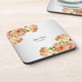 Peach Roses Floral Silver Glitter Wedding Party コースター (左側)