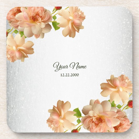 Peach Roses Floral Silver Glitter Wedding Party コースター (正面)