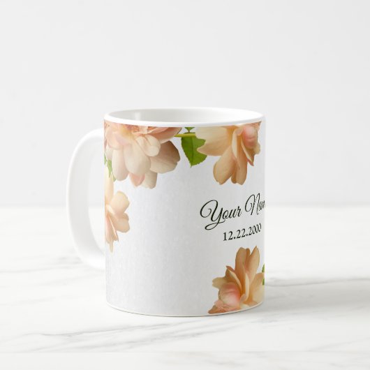 Peach Roses Floral Silver Glitter Wedding Party コーヒーマグカップ (正面左)