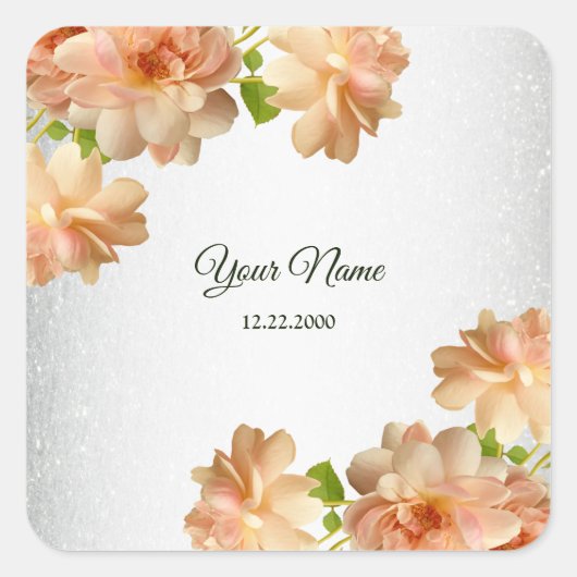 Peach Roses Floral Silver Glitter Wedding Party スクエアシール (正面)