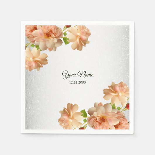 Peach Roses Floral Silver Glitter Wedding Party スタンダードカクテルナプキン (正面)