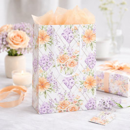 Peach Roses Lavender Cottagecore Floral Pattern ミディアムペーパーバッグ