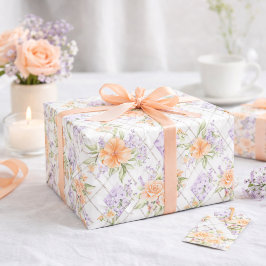 Peach Roses Lavender Cottagecore Floral Pattern ラッピングペーパー