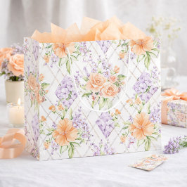 Peach Roses Lavender Cottagecore Floral Pattern ラージペーパーバッグ