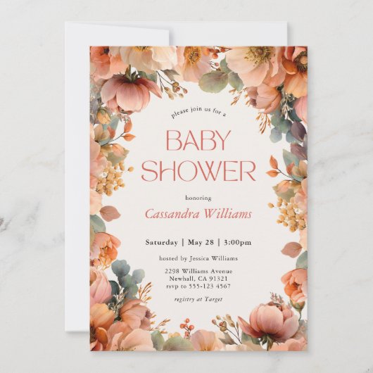 Peach Sage Floral Baby Shower 招待状 (正面)