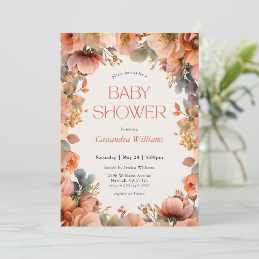 Peach Sage Floral Baby Shower 招待状 (スタンド正面)
