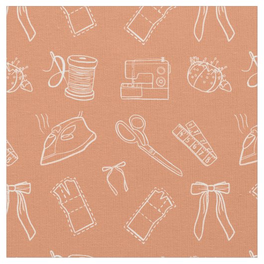 Peach Sewing Themed Pattern ファブリック (クローズアップ)