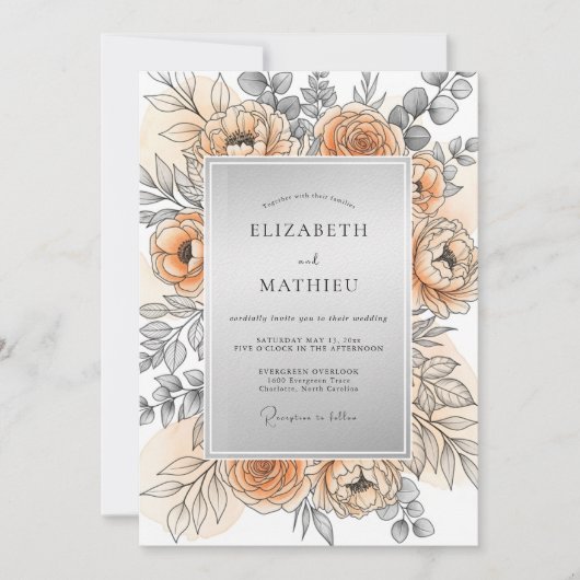 Peach Silver Refined Spring Wedding 招待状 (正面)