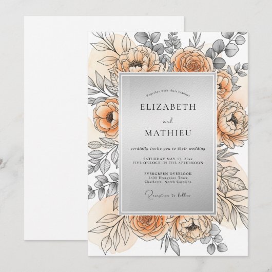 Peach Silver Refined Spring Wedding 招待状 (正面/裏面)