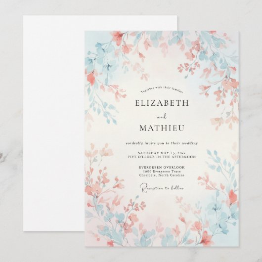 Peach Sky Blue Gossamer Spring Wedding 招待状 (正面/裏面)