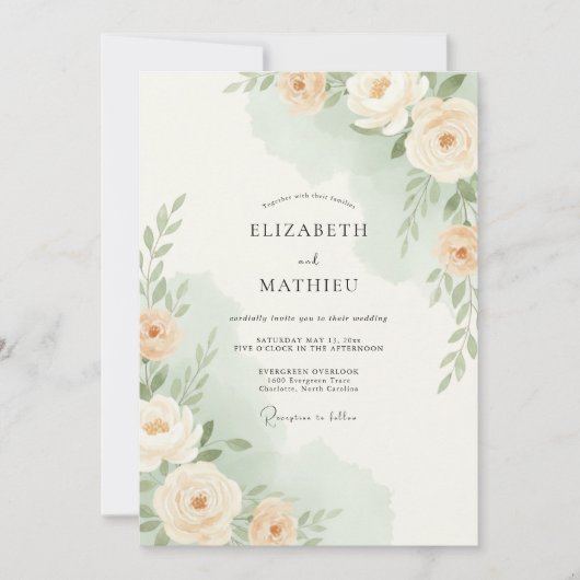 Peach Soft Botanical Wedding 招待状 (正面)