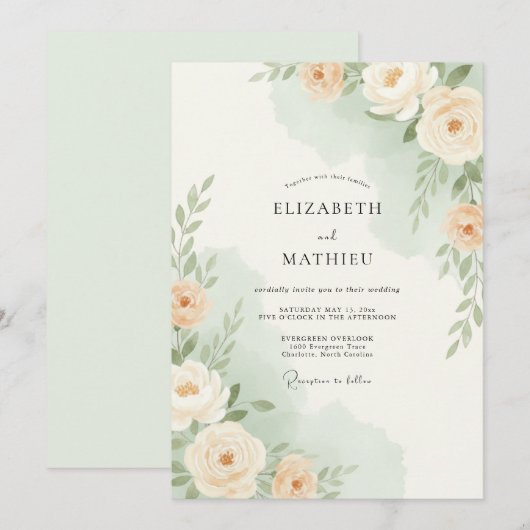 Peach Soft Botanical Wedding 招待状 (正面/裏面)