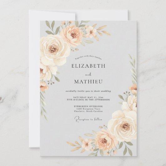 Peach Soft Floral Flourish Wedding 招待状 (正面)