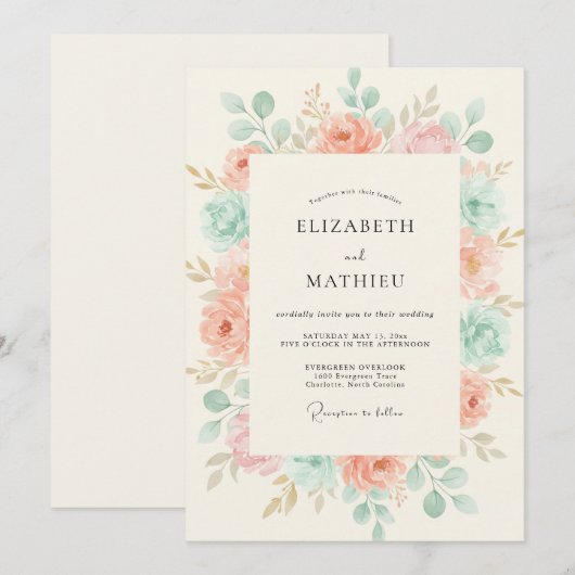 Peach Tranquil Botanical Wedding 招待状 (正面/裏面)