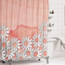 Peach Watercolor and White Flowers シャワーカーテン