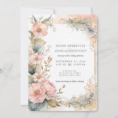 Peach Watercolor Floral Wedding Invitation 招待状 (正面)