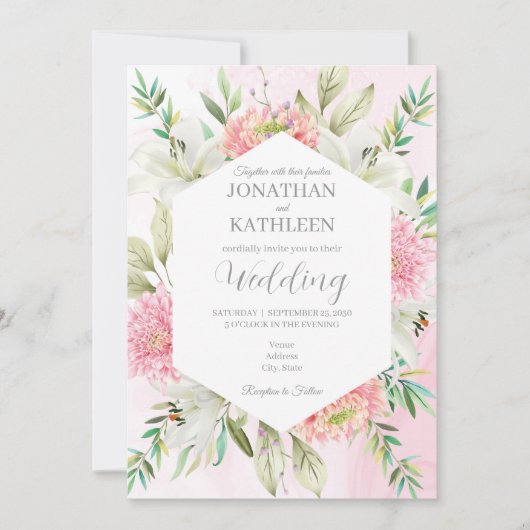 Peach Watercolor Floral Wedding Invitation 招待状 (正面)
