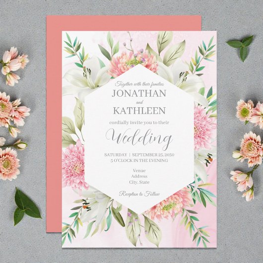 Peach Watercolor Floral Wedding Invitation 招待状