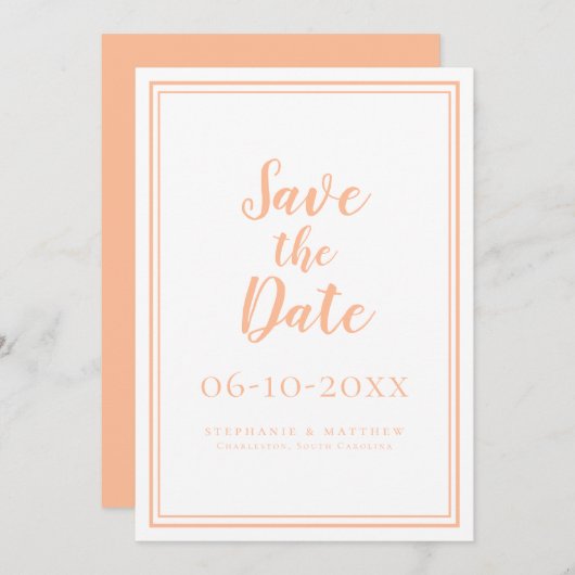 Peach Wedding Save The Date ミニマル Announcement (正面/裏面)