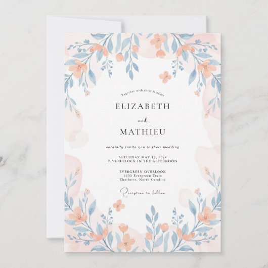 Peach Whimsical Wildflower Wedding 招待状 (正面)