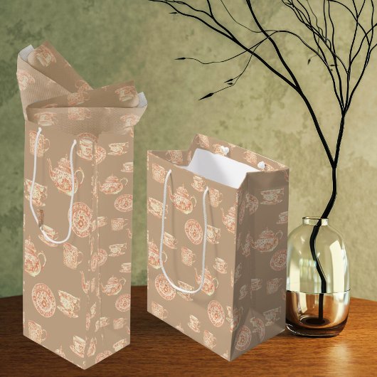 Peach White Ecru Chinoiserie Teapots Cups ミディアムペーパーバッグ