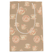 Peach White Ecru Chinoiserie Teapots Cups ミディアムペーパーバッグ (正面)