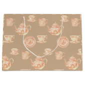  Peach White Ecru Chinoiserie Teapots Cups ラージペーパーバッグ (正面)