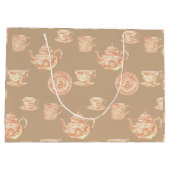  Peach White Ecru Chinoiserie Teapots Cups ラージペーパーバッグ (裏面)