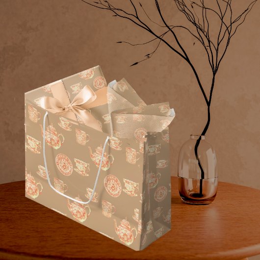  Peach White Ecru Chinoiserie Teapots Cups ラージペーパーバッグ