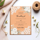 Peach white roses lace wedding 招待状
