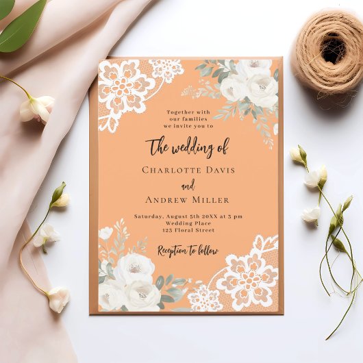Peach white roses lace wedding 招待状