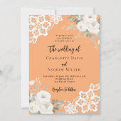 Peach white roses lace wedding 招待状 (正面)
