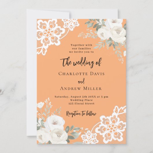 Peach white roses lace wedding 招待状 (正面)