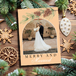 Peach Winter Pine Merry & Married Photo Christmas シーズンカード