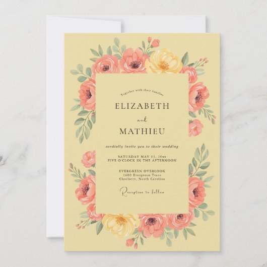 Peach Yellow Floral Romance Wedding 招待状 (正面)